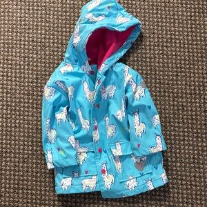 Hatley Blue Llama Print Hooded Raincoat with Pink Lining